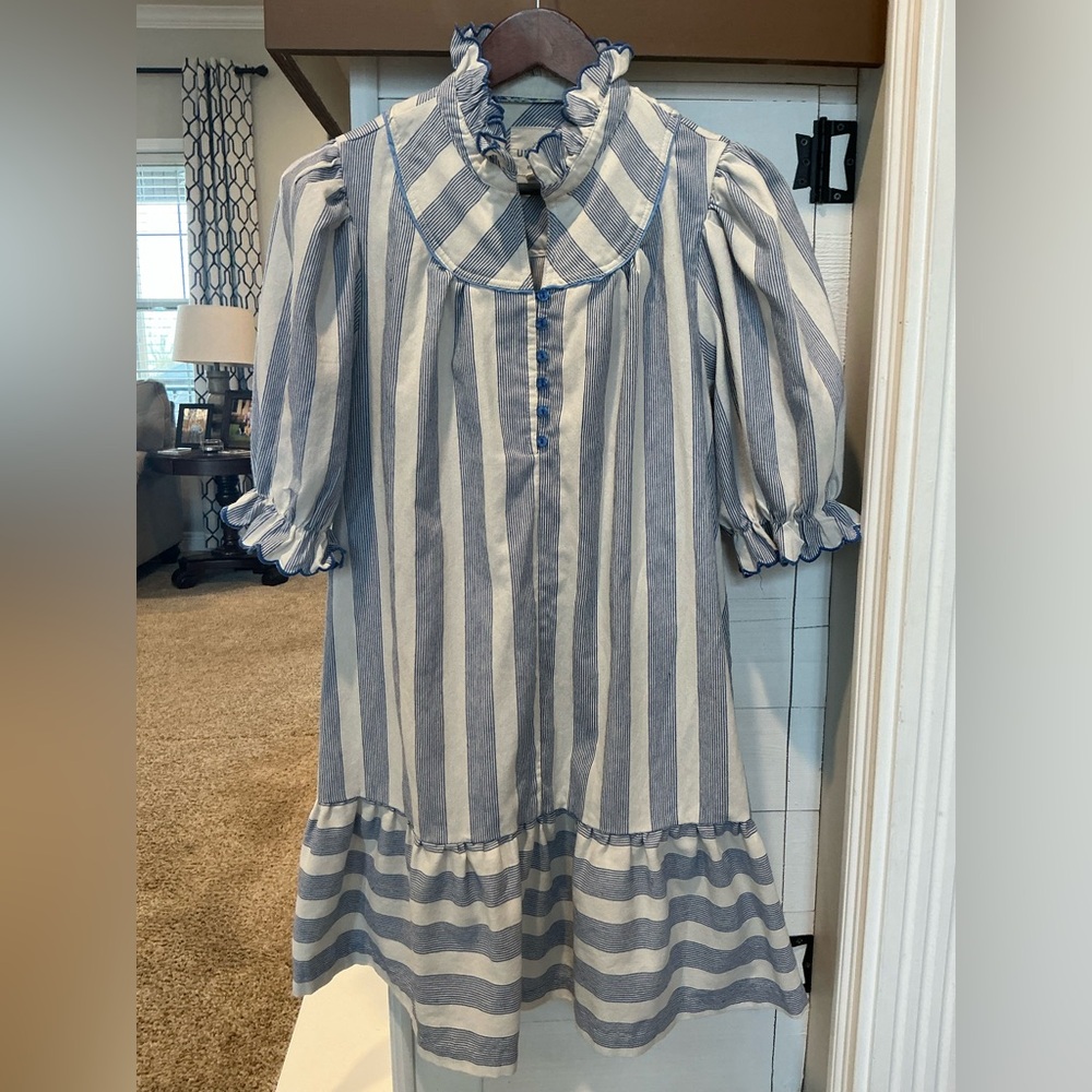 Umgee Striped Ruffle Dress Blue Size Medium